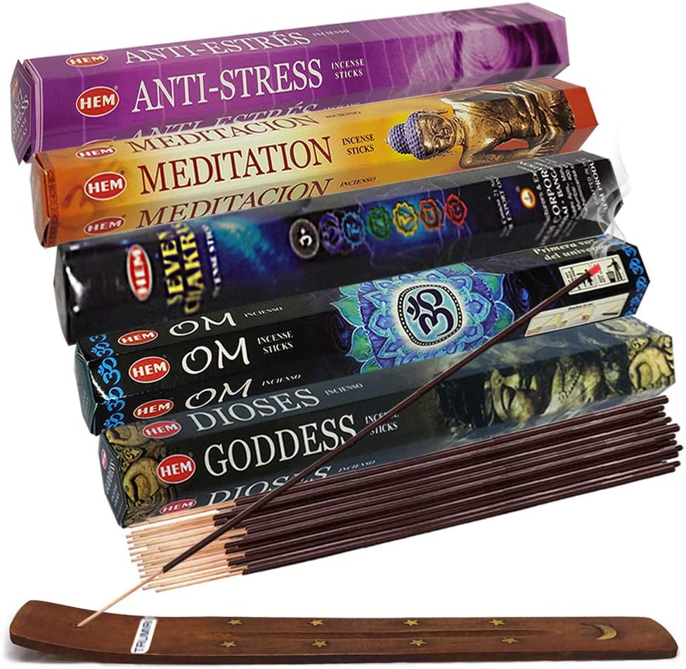 Hem Incense Sticks Variety Pack #9 and Incense Stick Holder Bundle with 5 Meditation Themed Fragrances