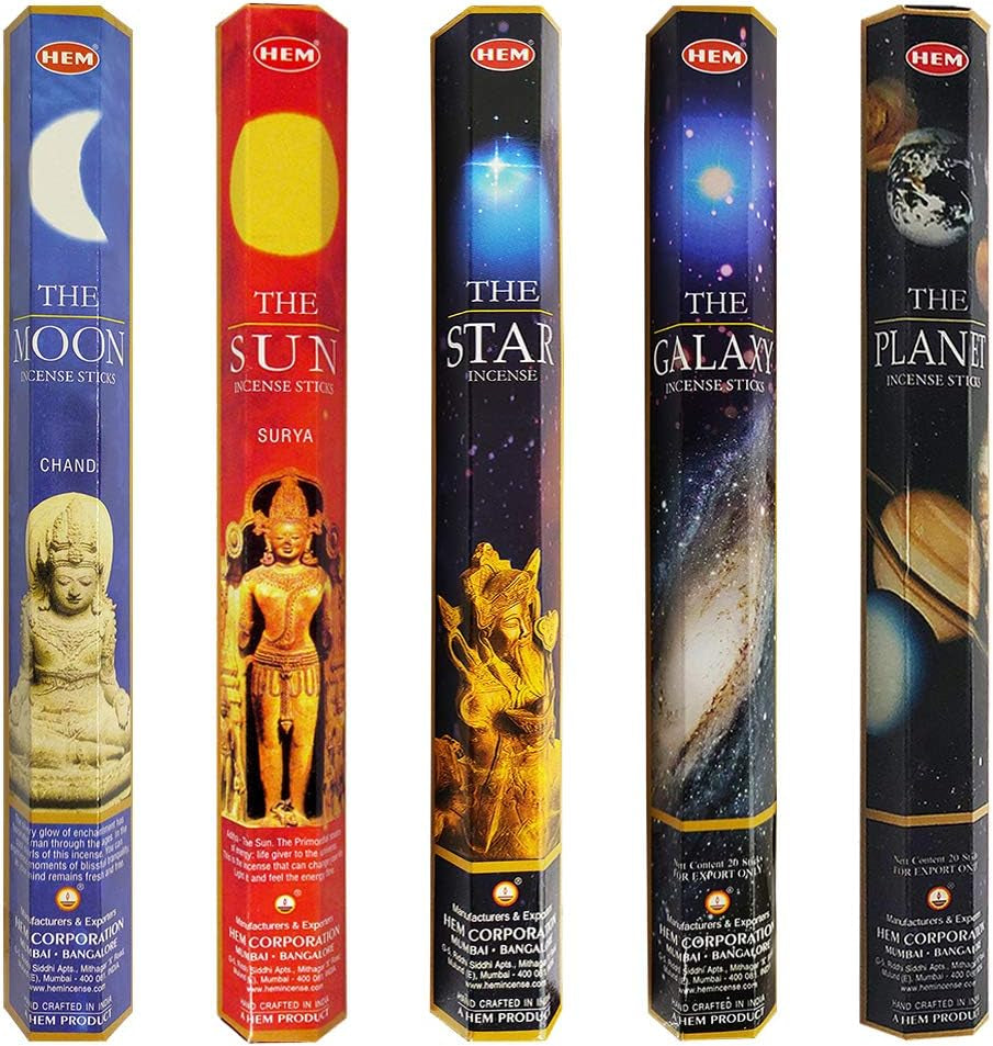 Hem Incense Sticks Variety Pack #1 and Incense Stick Holder Bundle with 5 Celestial Themed Fragrances