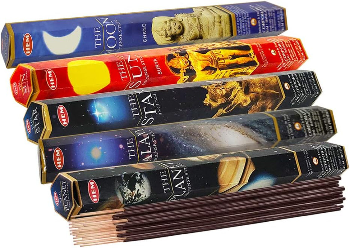 Hem Incense Sticks Variety Pack #1 and Incense Stick Holder Bundle with 5 Celestial Themed Fragrances