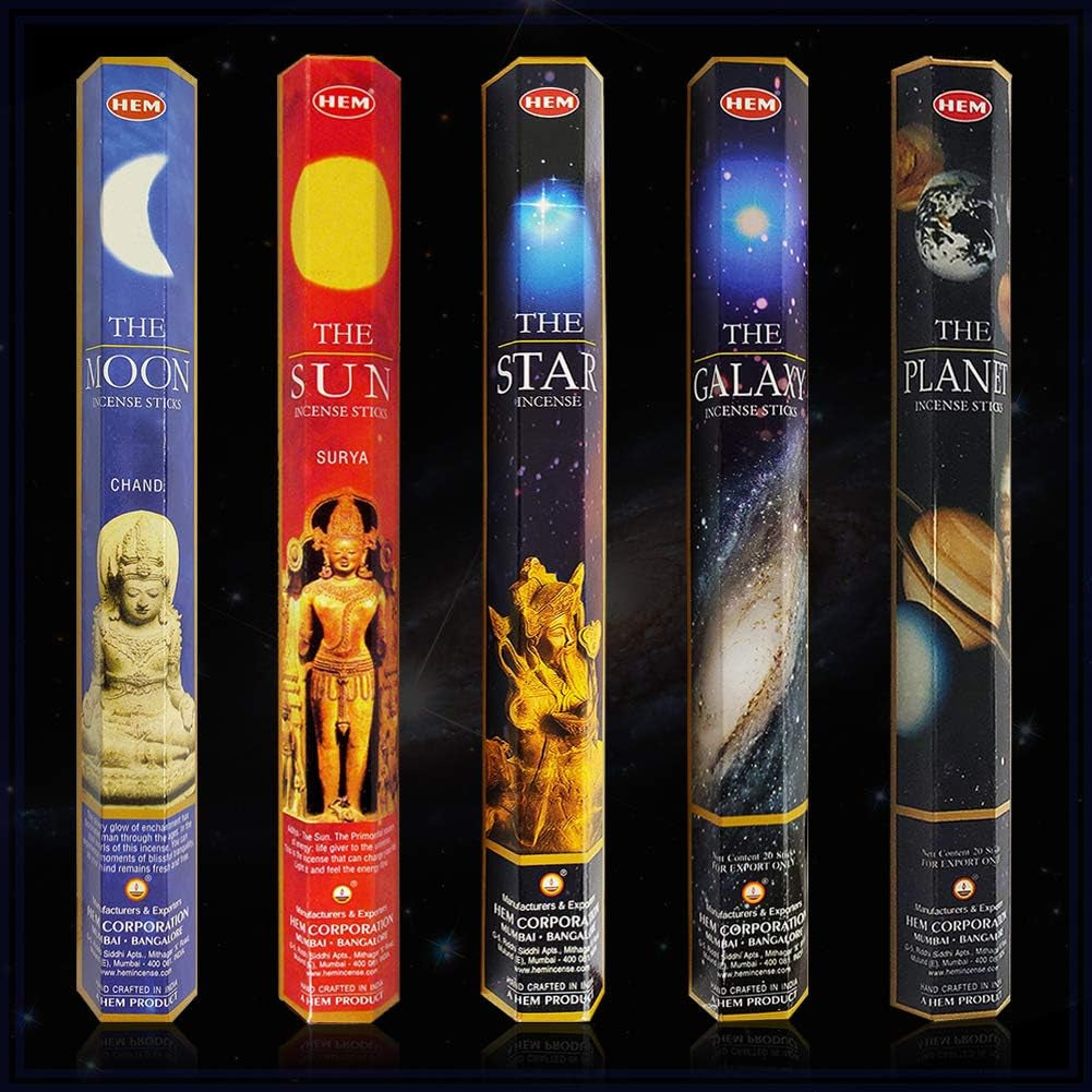 Hem Incense Sticks Variety Pack #1 and Incense Stick Holder Bundle with 5 Celestial Themed Fragrances