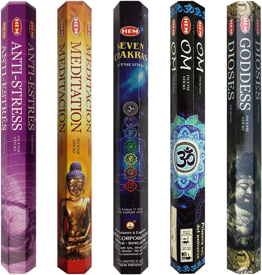 Hem Incense Sticks Variety Pack #9 and Incense Stick Holder Bundle with 5 Meditation Themed Fragrances