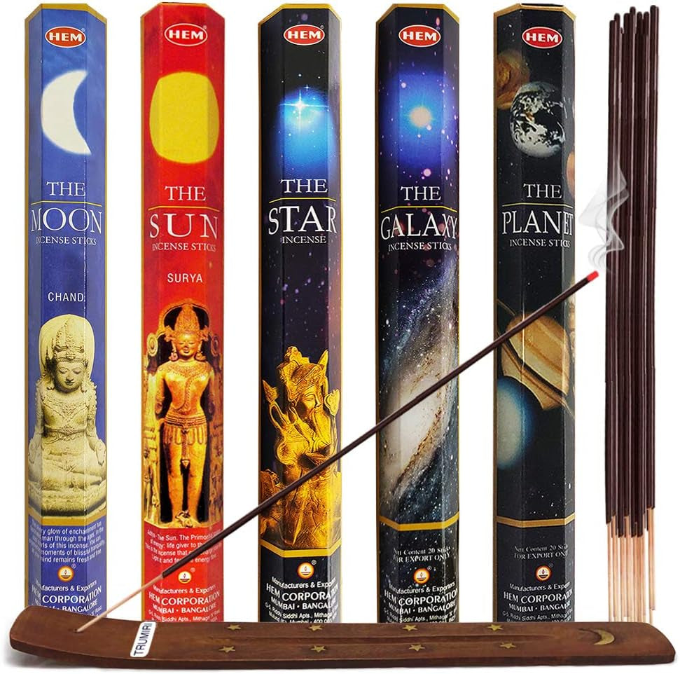 Hem Incense Sticks Variety Pack #1 and Incense Stick Holder Bundle with 5 Celestial Themed Fragrances