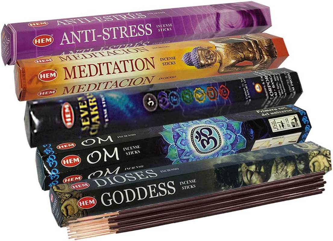 Hem Incense Sticks Variety Pack #9 and Incense Stick Holder Bundle with 5 Meditation Themed Fragrances