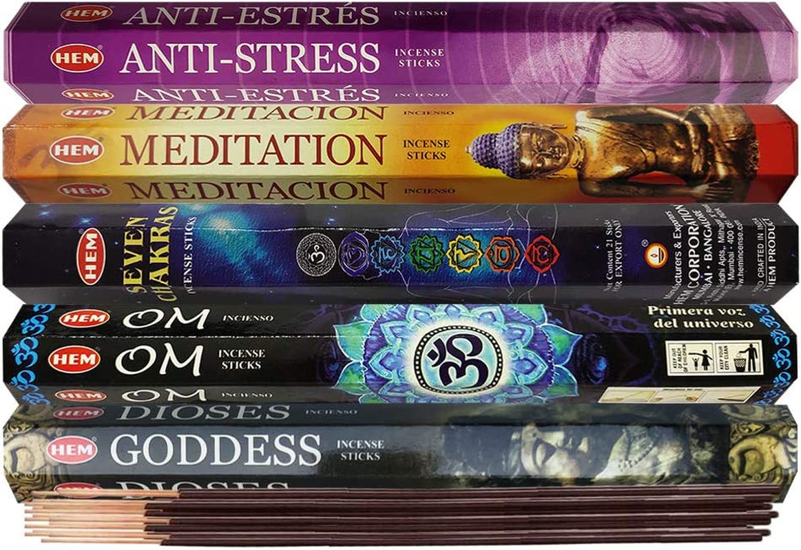 Hem Incense Sticks Variety Pack #9 and Incense Stick Holder Bundle with 5 Meditation Themed Fragrances