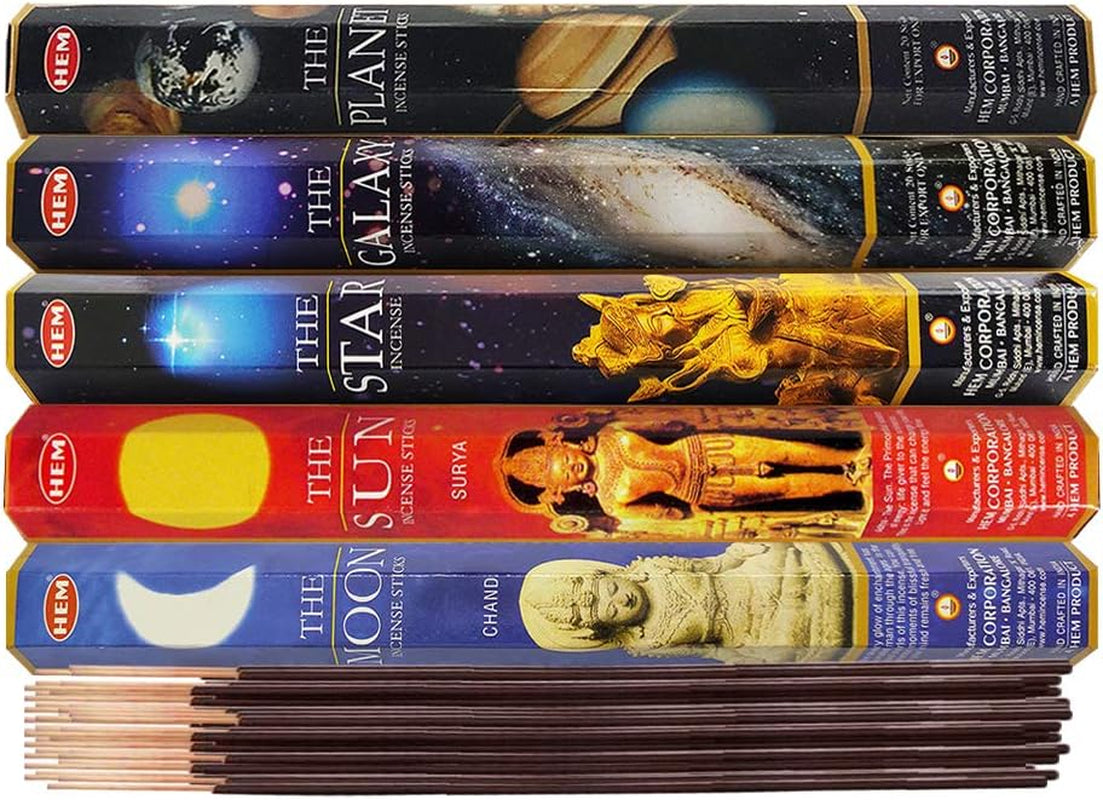 Hem Incense Sticks Variety Pack #1 and Incense Stick Holder Bundle with 5 Celestial Themed Fragrances